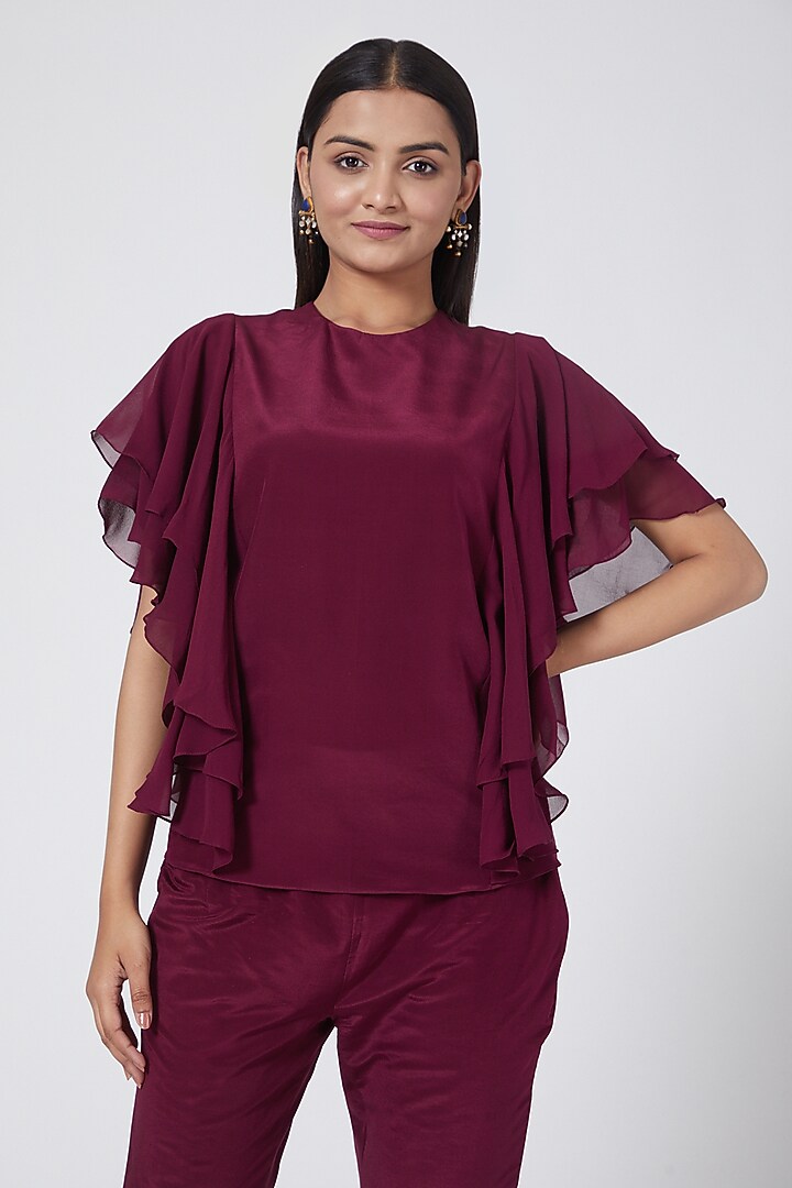 Wine Silk Crepe Ruffled Top by Sejal Jain at Pernia's Pop Up Shop