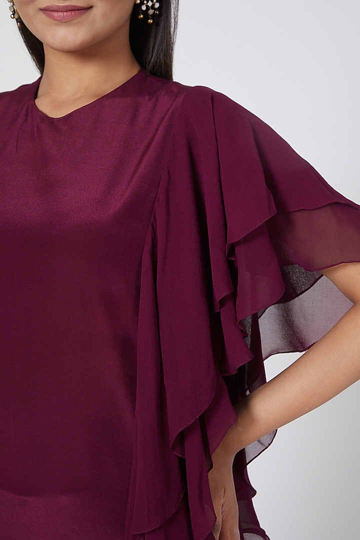 Wine Silk Crepe Ruffled Top by Sejal Jain at Pernia's Pop Up Shop