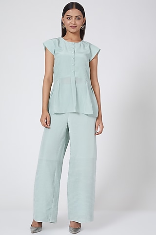 Mint Green Box Pleated Ruffled Top by Sejal Jain