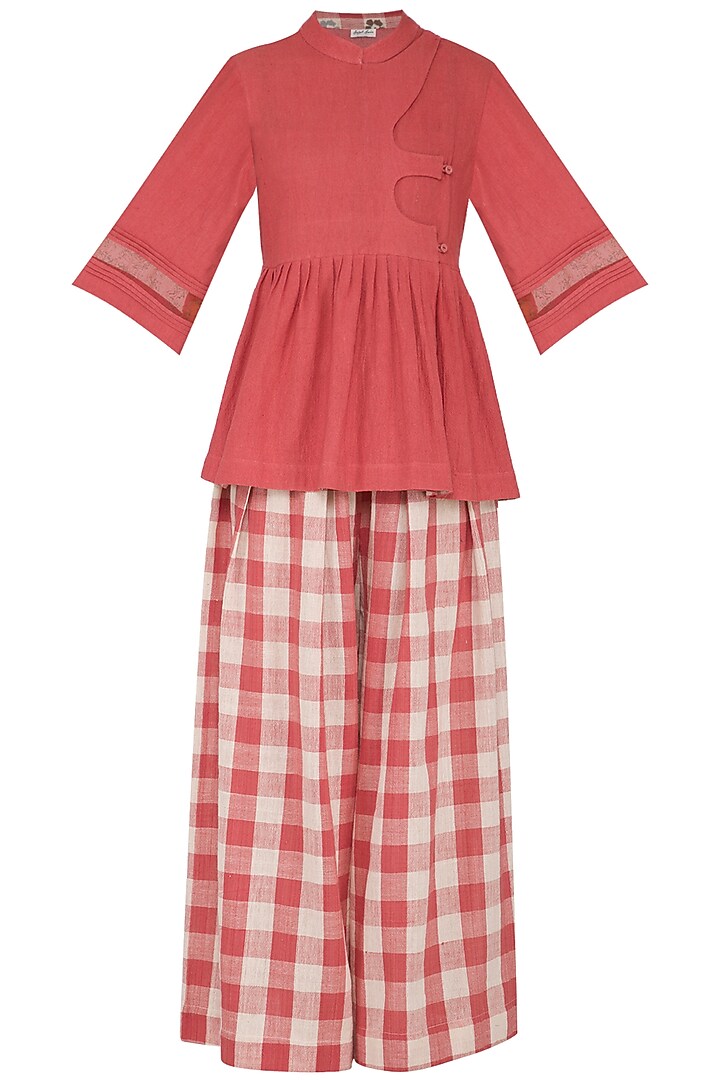 Red Hand Woven Printed Top With Palazzo Pants by Sejal Jain at Pernia's Pop Up Shop