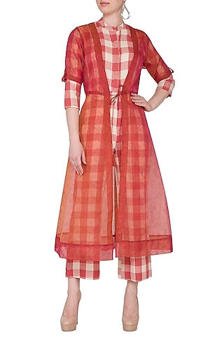 Red Jumpsuit With Printed Jacket by Sejal Jain