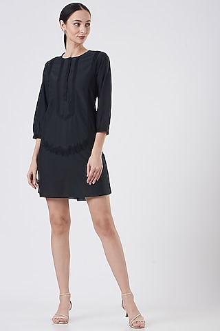 Black Cotton Silk Embroidered Mini Dress by Sejal Jain