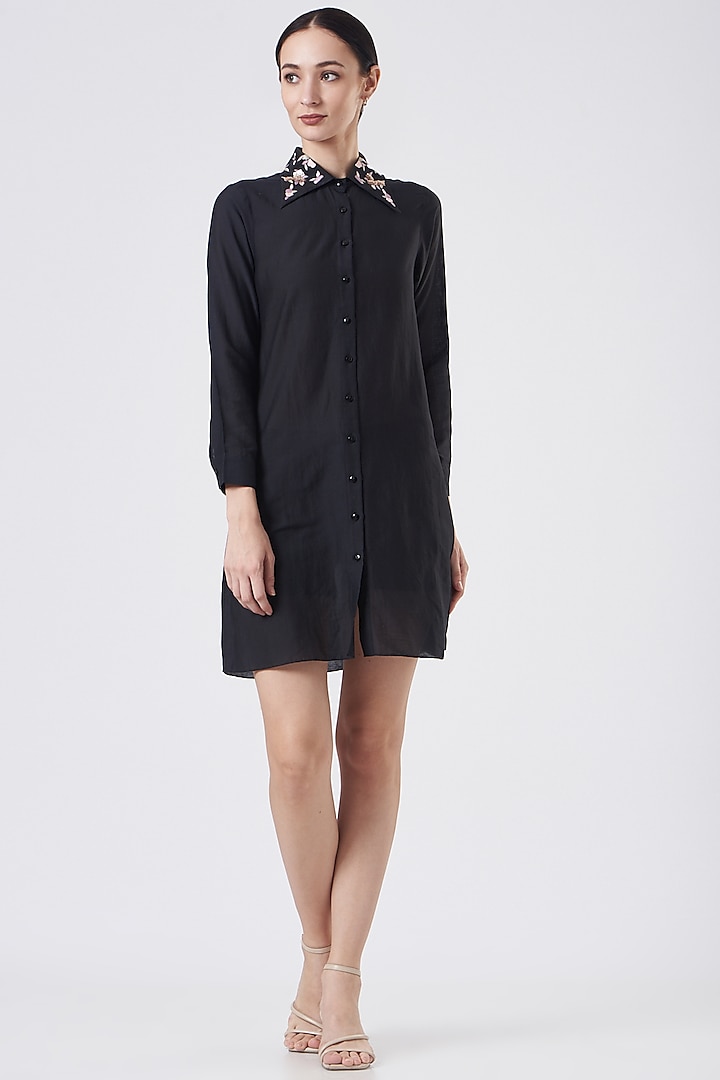 Black Cotton Silk Mini Dress by Sejal Jain