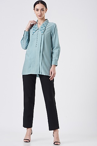 Turquoise Cotton Silk Top by Sejal Jain