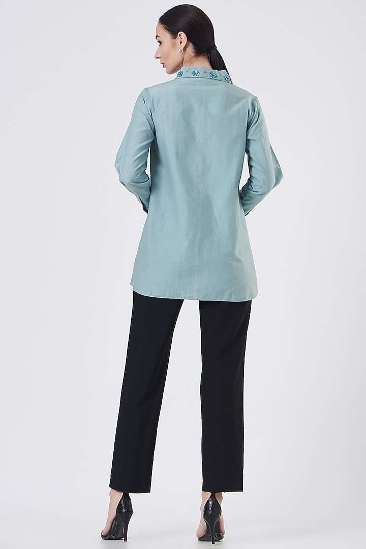Turquoise Cotton Silk Top by Sejal Jain at Pernia's Pop Up Shop