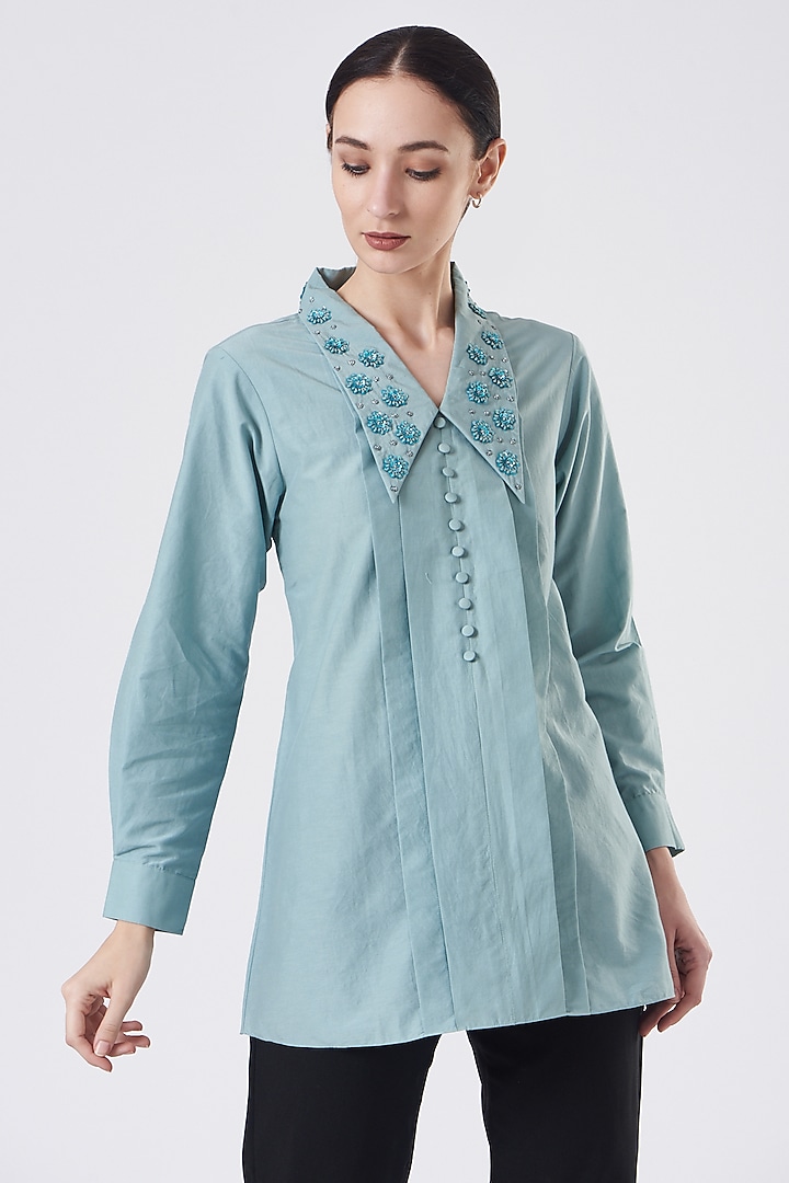 Turquoise Cotton Silk Top by Sejal Jain at Pernia's Pop Up Shop