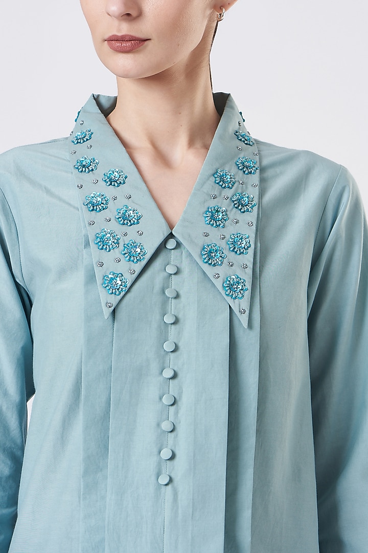 Turquoise Cotton Silk Top by Sejal Jain at Pernia's Pop Up Shop