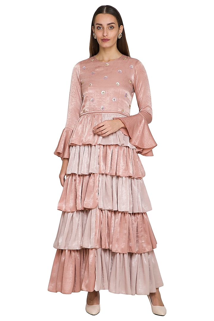 Blush Pink Embroidered & Ruffled Gown by Sejal Jain