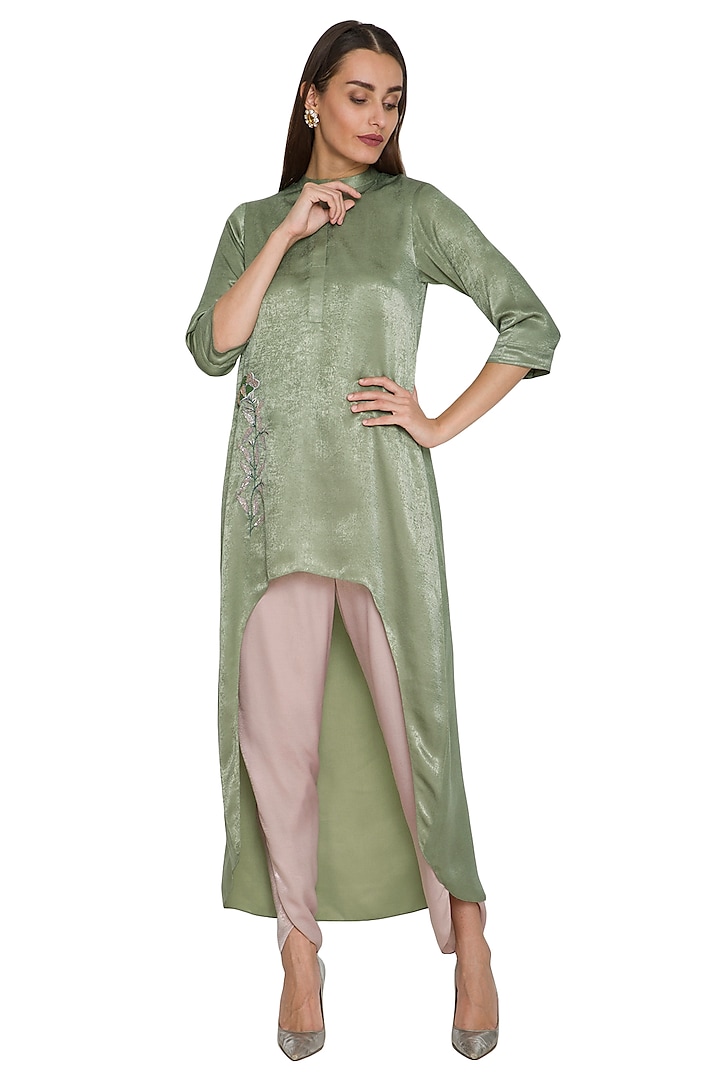 Mehendi Green Asymmetrical Floral Tunic With Dhoti Pants by Sejal Jain at Pernia's Pop Up Shop