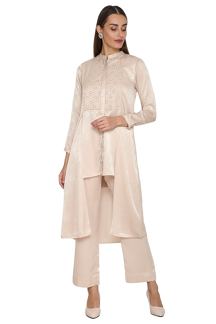 Beige Asymmetrical Floral Tunic With Pants by Sejal Jain