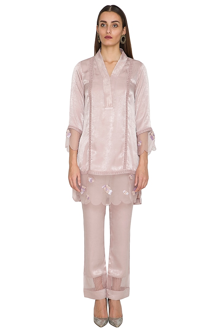 Mauve Embroidered Short Floral Tunic With Pants by Sejal Jain