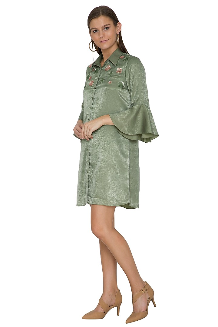 Mehendi Green Embroidered Summer Shirt Dress by Sejal Jain at Pernia's Pop Up Shop