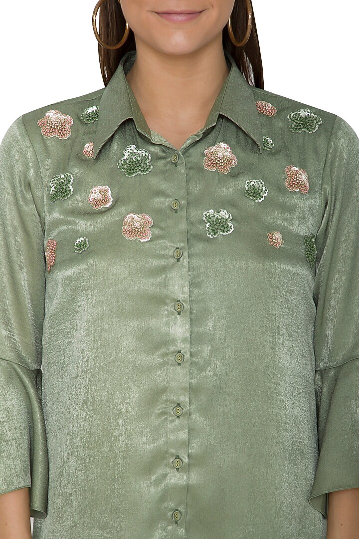 Mehendi Green Embroidered Summer Shirt Dress by Sejal Jain at Pernia's Pop Up Shop