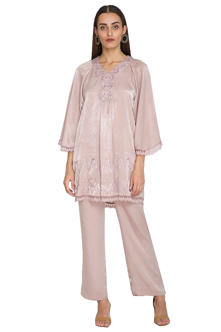 Mauve Embroidered Short Tunic With Pants by Sejal Jain