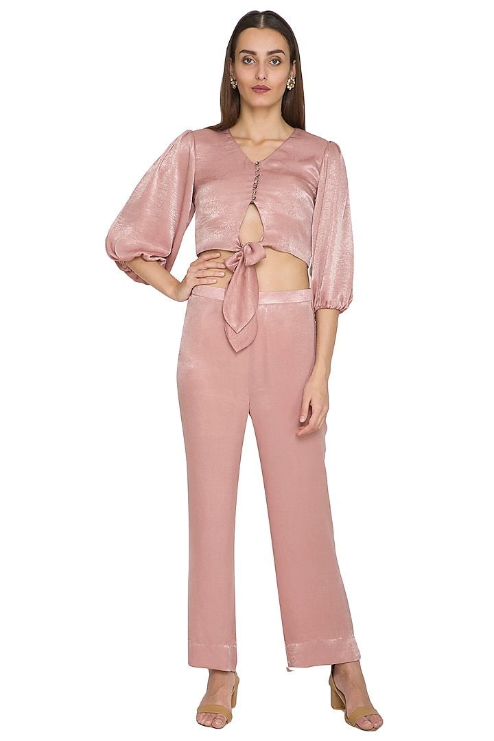 Blush Pink Bow-Tie Crop Top With Pants by Sejal Jain