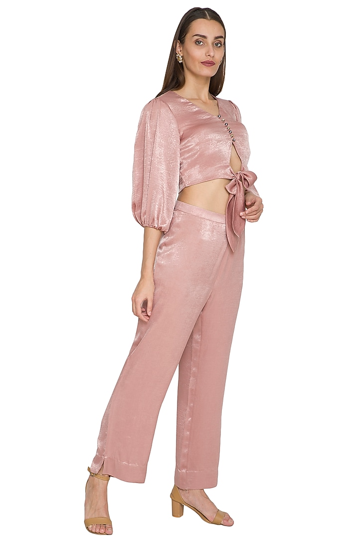 Blush Pink Bow-Tie Crop Top With Pants by Sejal Jain at Pernia's Pop Up Shop
