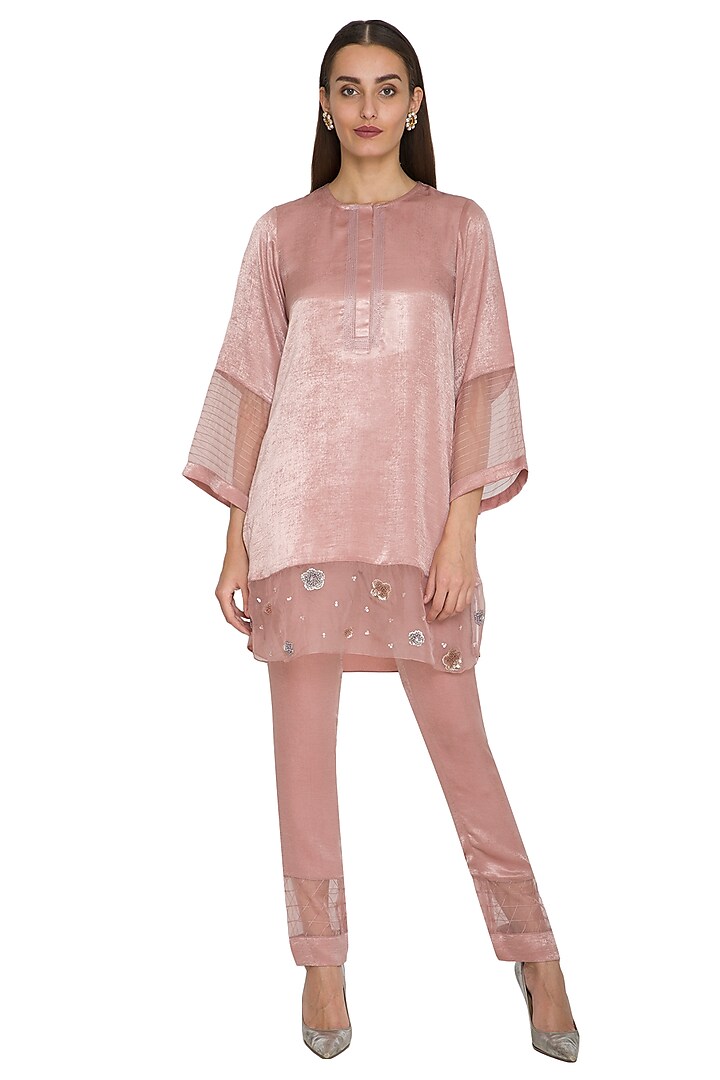 Blush Pink Embroidered Short Tunic With Cigarette Pants by Sejal Jain