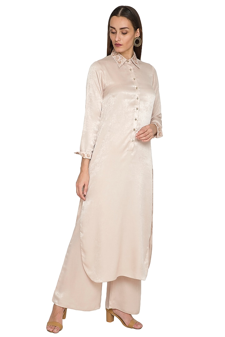 Beige Embroidered Long Tunic With Pants by Sejal Jain at Pernia's Pop Up Shop