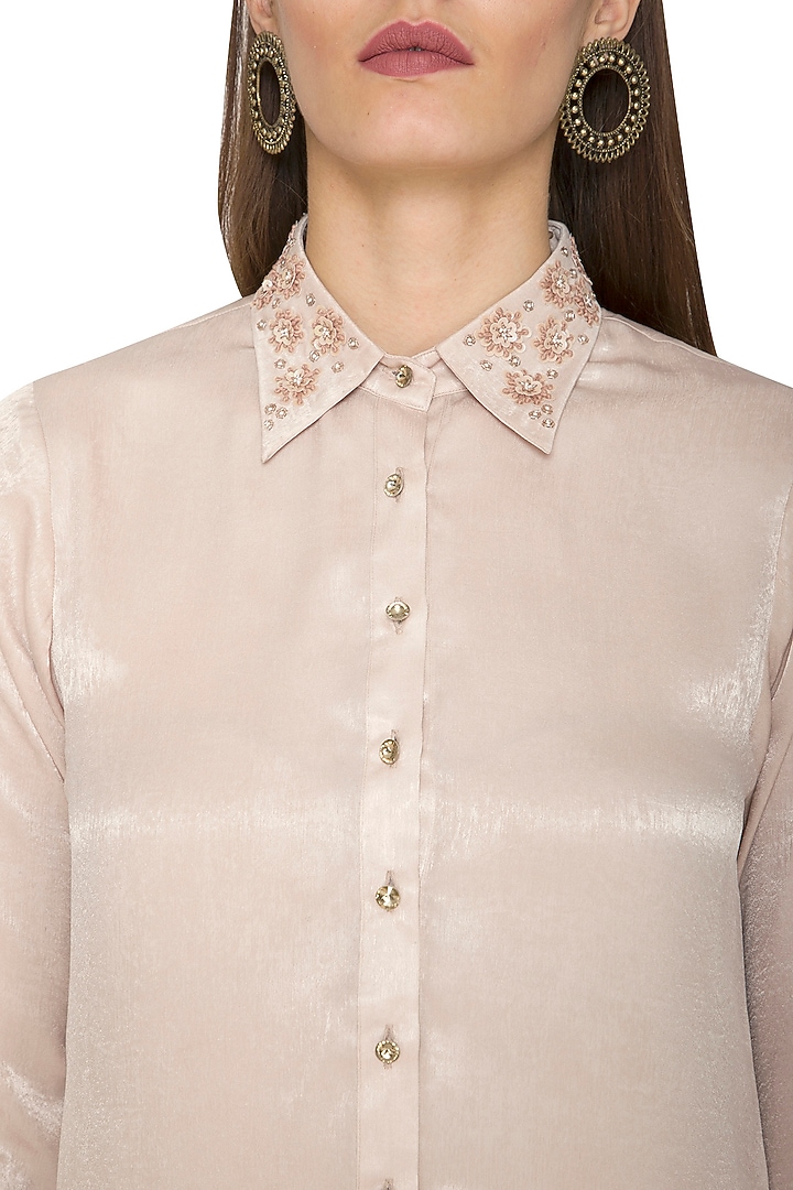 Beige Embroidered Long Tunic With Pants by Sejal Jain at Pernia's Pop Up Shop