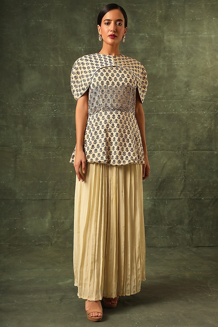 Ivory Crepe Pleated Pant Set by SEJAL KAMDAR at Pernia's Pop Up Shop