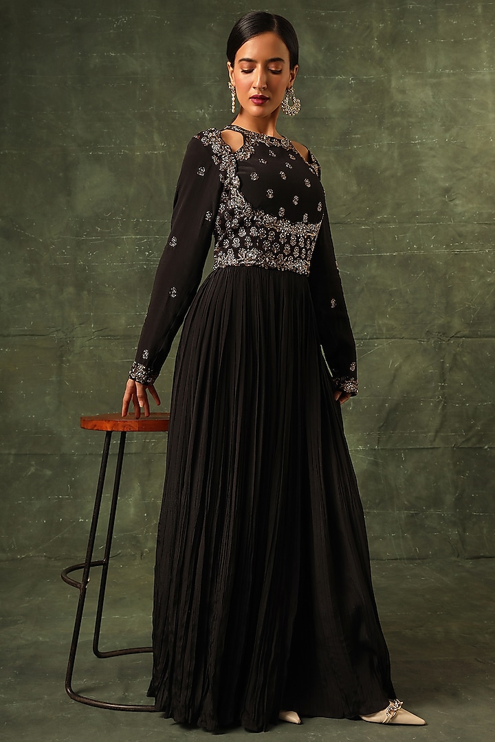 Coal Black Crepe & Ajrakh Cutdana Embellished Pleated Anarkali by SEJAL KAMDAR at Pernia's Pop Up Shop