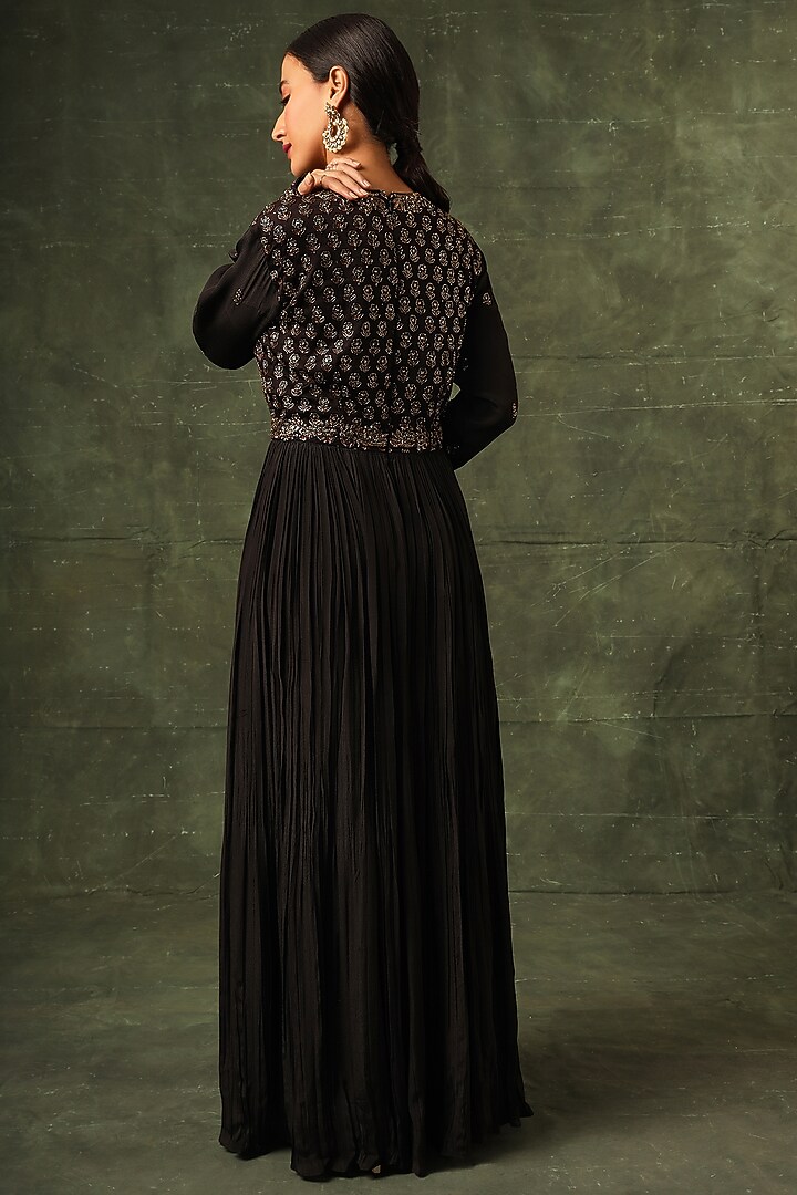 Coal Black Crepe & Ajrakh Cutdana Embellished Pleated Wedding Anarkali by SEJAL KAMDAR at Pernia's Pop Up Shop