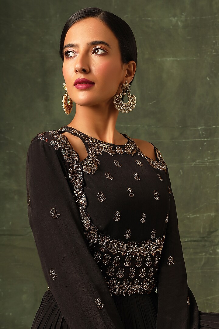 Coal Black Crepe & Ajrakh Cutdana Embellished Pleated Wedding Anarkali by SEJAL KAMDAR at Pernia's Pop Up Shop