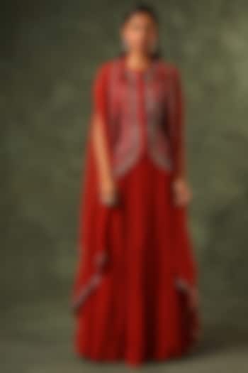 Scarlet Red Pure Modal Silk Ajrakh Gathered Skirt Set by SEJAL KAMDAR at Pernia's Pop Up Shop