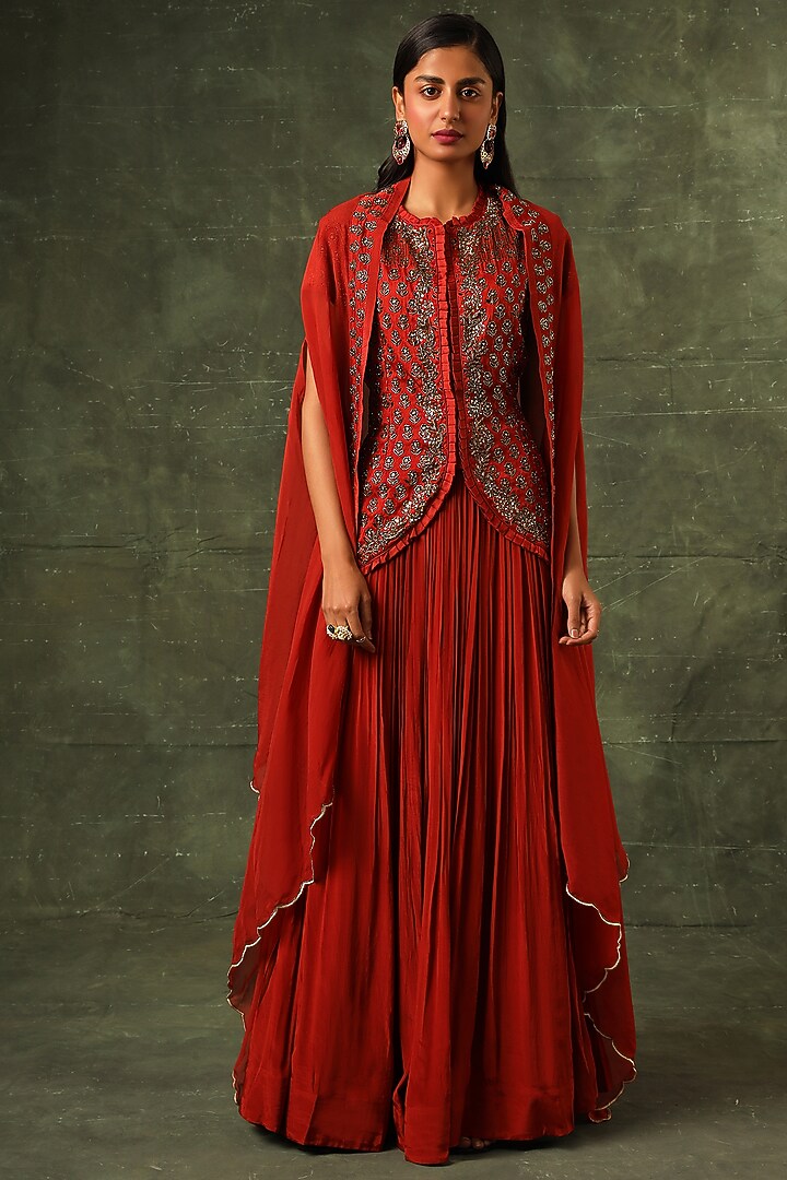 Scarlet Red Pure Modal Silk Ajrakh Gathered Skirt Set by SEJAL KAMDAR at Pernia's Pop Up Shop