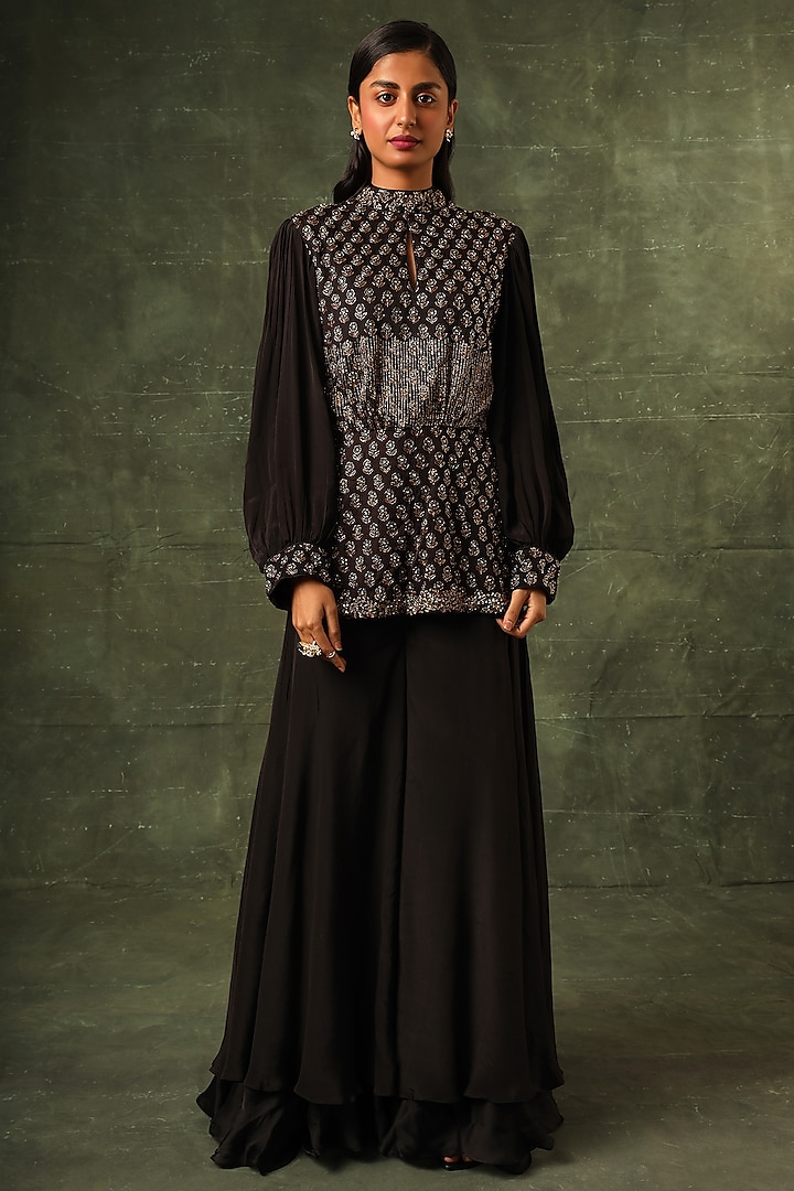 Coal Black Pure Natural Crepe Layered Flared Pant Set by SEJAL KAMDAR at Pernia's Pop Up Shop