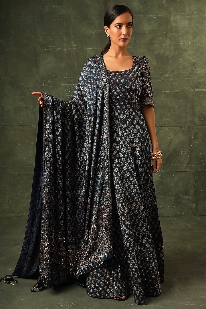 Navy Blue Pure Modal Silk Cutdana Embellished Ajrakh Anarkali Set by SEJAL KAMDAR