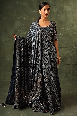 Navy Blue Pure Modal Silk Cutdana Embellished Ajrakh Anarkali Set by SEJAL KAMDAR