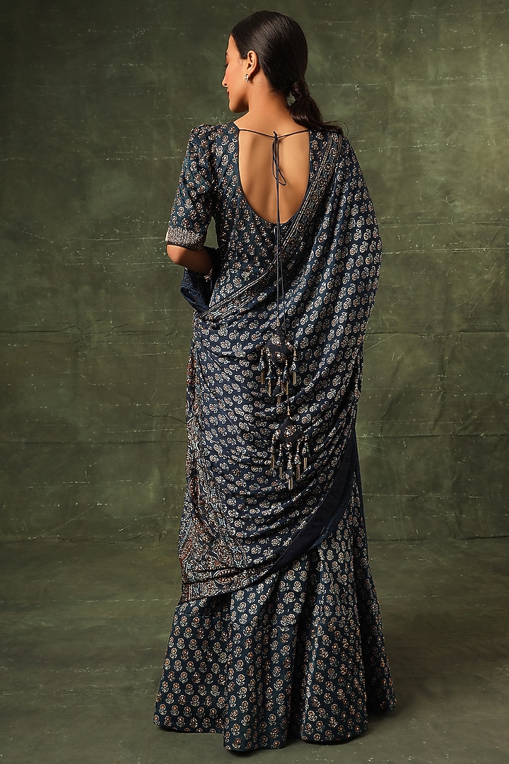 Navy Blue Pure Modal Silk Cutdana Embellished Ajrakh Wedding Anarkali Set by SEJAL KAMDAR at Pernia's Pop Up Shop