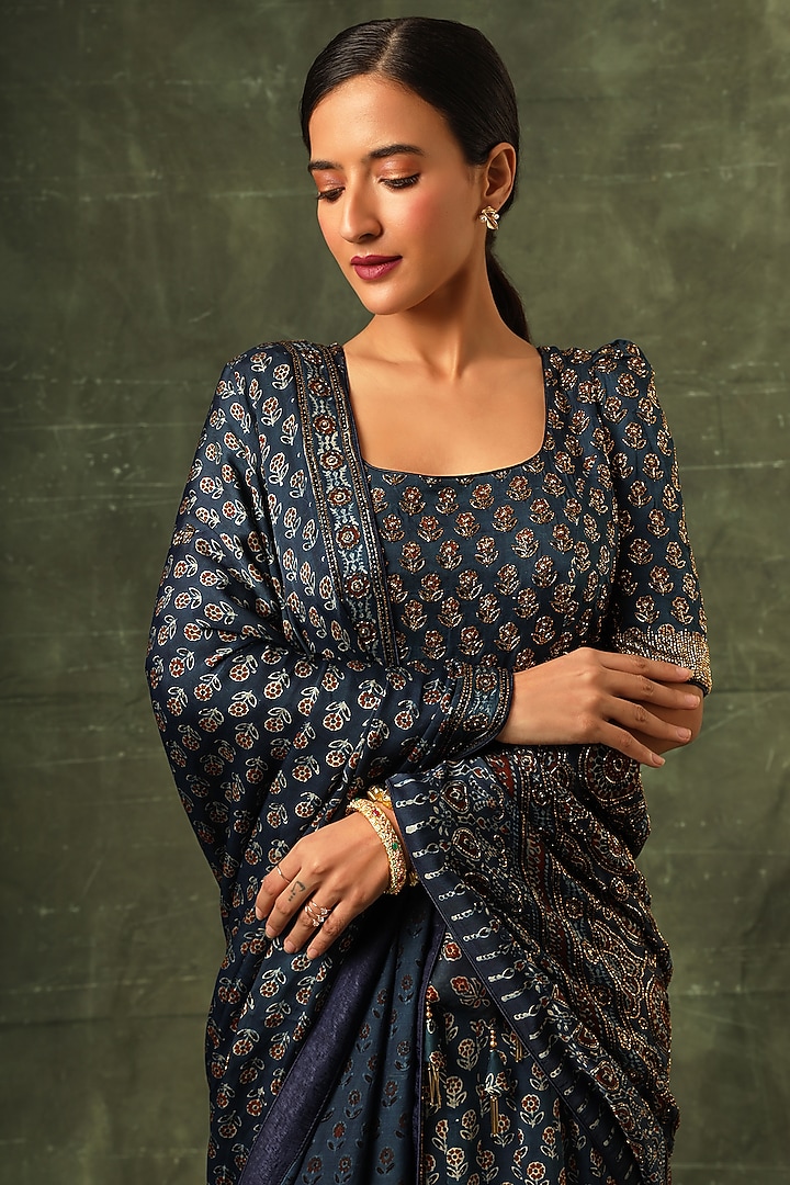 Navy Blue Pure Modal Silk Cutdana Embellished Ajrakh Wedding Anarkali Set by SEJAL KAMDAR at Pernia's Pop Up Shop