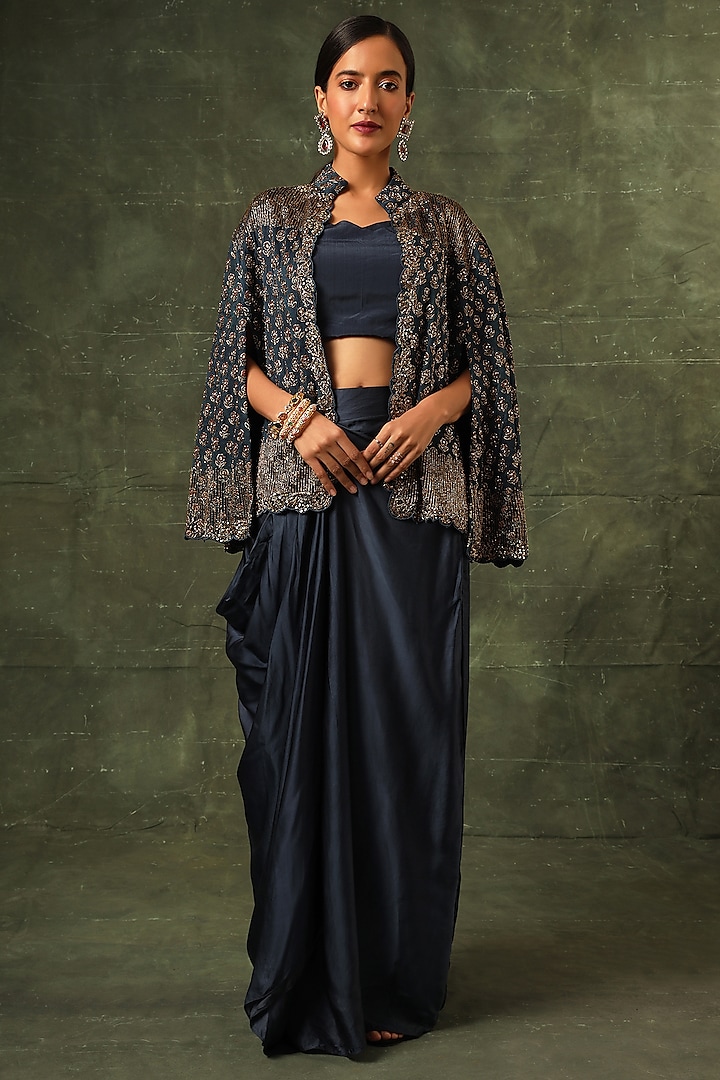 Navy Blue Pure Modal Silk Cutdana Embellished Ajrakh Cape Jacket Set by SEJAL KAMDAR at Pernia's Pop Up Shop