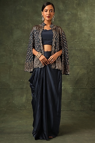 Navy Blue Pure Modal Silk Cutdana Embellished Ajrakh Cape Jacket Set by SEJAL KAMDAR