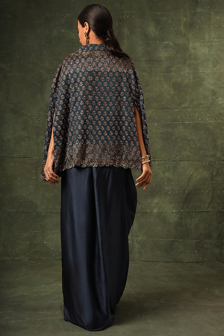 Navy Blue Pure Modal Silk Cutdana Embellished Ajrakh Cape Jacket Set by SEJAL KAMDAR at Pernia's Pop Up Shop