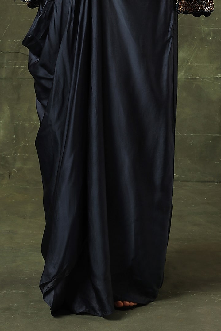 Navy Blue Pure Modal Silk Cutdana Embellished Ajrakh Cape Jacket Set by SEJAL KAMDAR at Pernia's Pop Up Shop