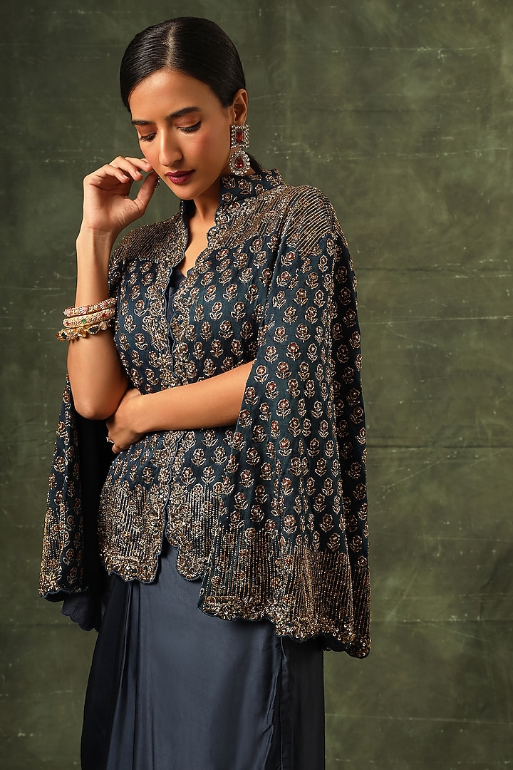 Navy Blue Pure Modal Silk Cutdana Embellished Ajrakh Cape Jacket Set by SEJAL KAMDAR at Pernia's Pop Up Shop