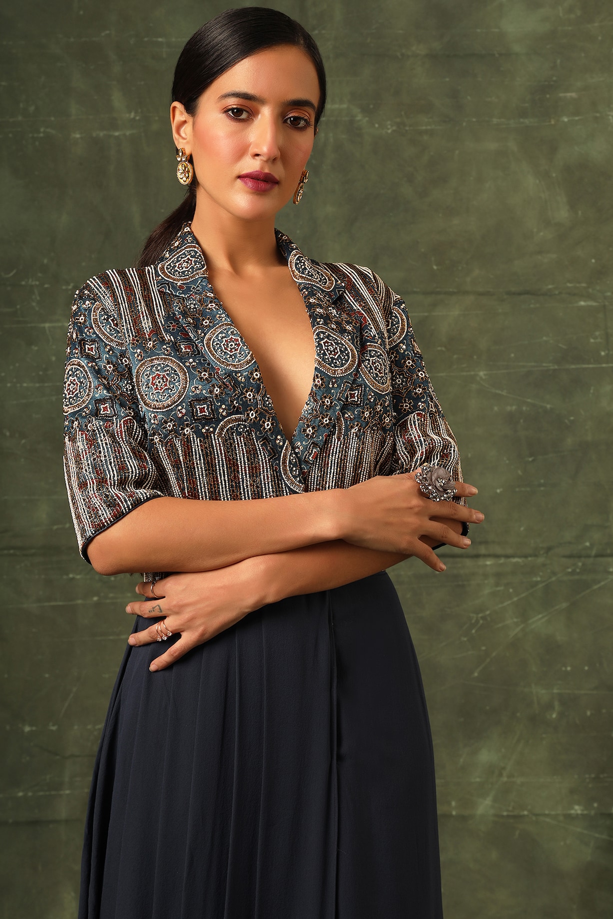 Navy Blue Pure Modal Silk Cutdana Pearl Embellished Draped Tunic