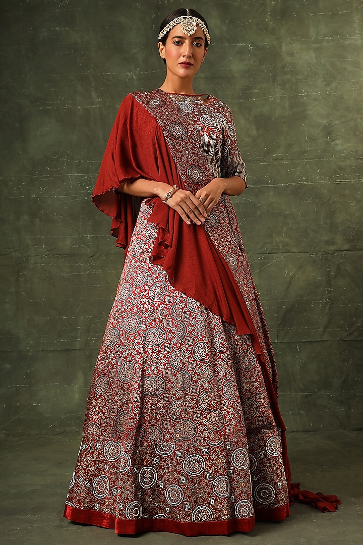 Scarlet Red Pure Modal Silk Cutdana Embellished Ajrakh Wedding Lehenga Set by SEJAL KAMDAR at Pernia's Pop Up Shop