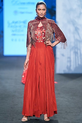 Maroon German Satin Embellished Jumpsuit With Jacket by SEJAL KAMDAR
