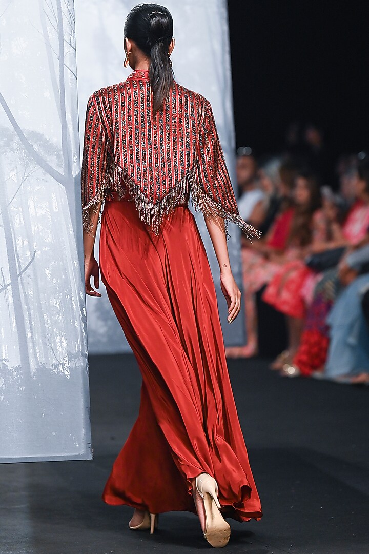 Maroon German Satin Embellished Jumpsuit With Jacket by SEJAL KAMDAR at Pernia's Pop Up Shop