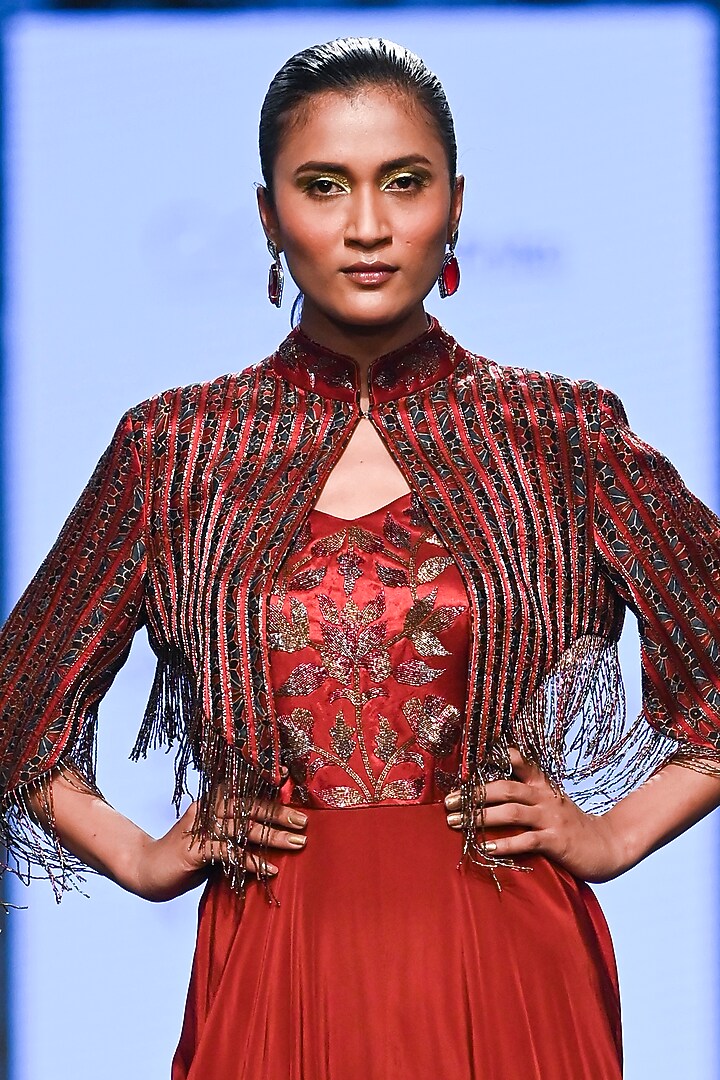 Maroon German Satin Embellished Jumpsuit With Jacket by SEJAL KAMDAR at Pernia's Pop Up Shop