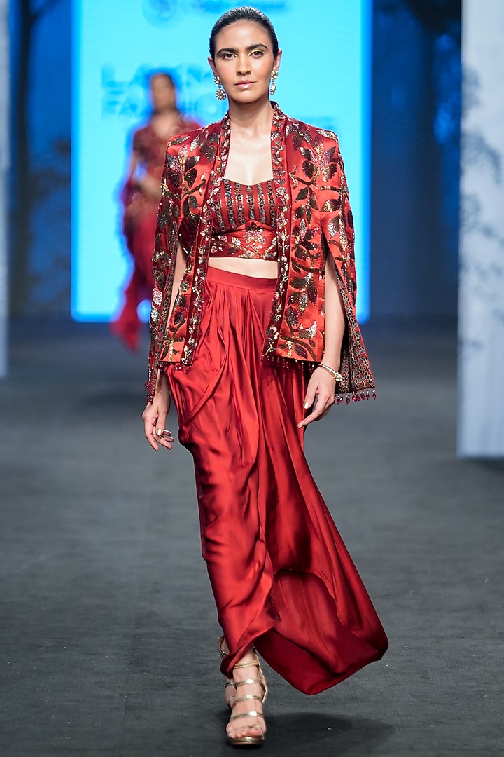 Maroon German Satin & Gajji Silk Draped Skirt Set by SEJAL KAMDAR at Pernia's Pop Up Shop