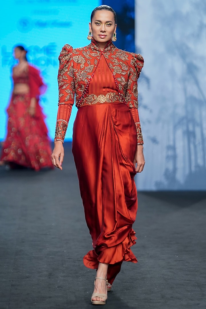 Maroon Ajrakh & Gajji Silk Embellished Jacket Dress by SEJAL KAMDAR