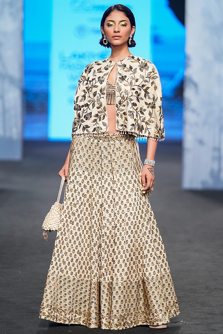 Ivory Ajrakh & Gajji Silk Embellished Jacket Lehenga Set by SEJAL KAMDAR