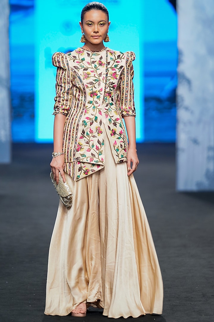 Beige Gajji Silk & Ajrakh Embellished Jacket Set by SEJAL KAMDAR