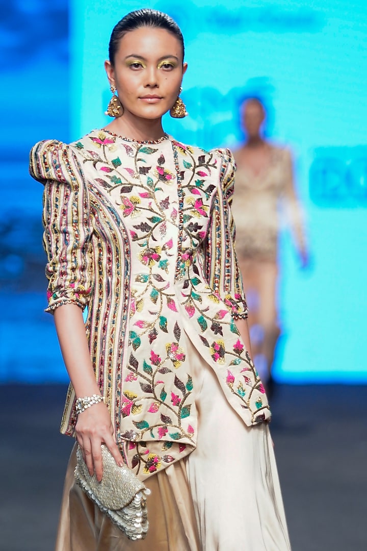Beige Gajji Silk & Ajrakh Embellished Jacket Set by SEJAL KAMDAR at Pernia's Pop Up Shop