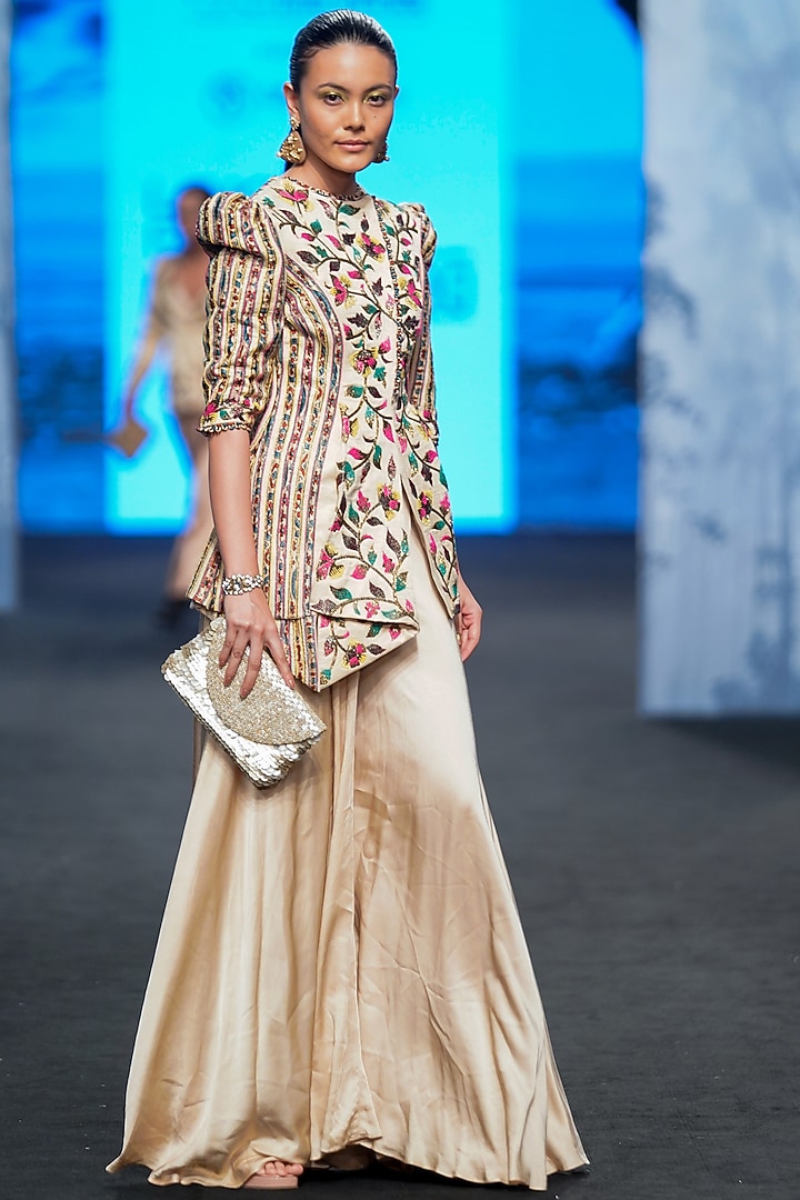 Beige Gajji Silk & Ajrakh Embellished Jacket Set by SEJAL KAMDAR at Pernia's Pop Up Shop